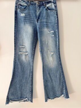 Almost Famous—Distressed Flare Jeans, Medium Wash Light Stretch (Size 11)